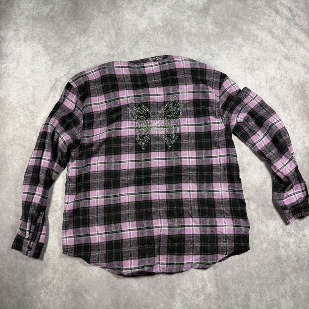 Just Polly Purple Black Plaid Rhinestone Butterfly Flannel Shirt L Womens Y2K